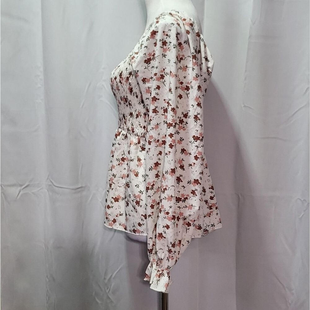 SHEIN Women's White Floral Smocked Long Sleeve Blouse Size Small (4) ๐ - Picture 7 of 11